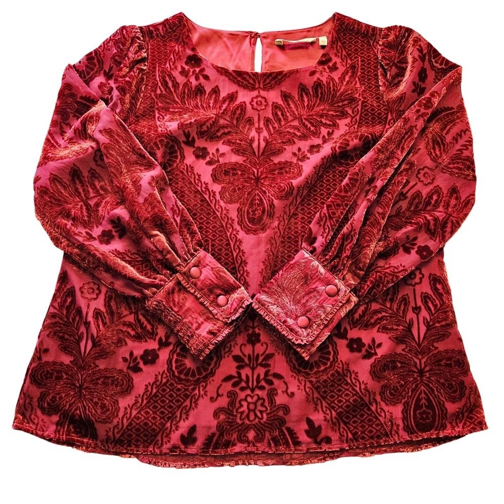 Soft Surroundings Vanetta Red Burnout Velvet Damask Blouse Smocked Cuff PM
